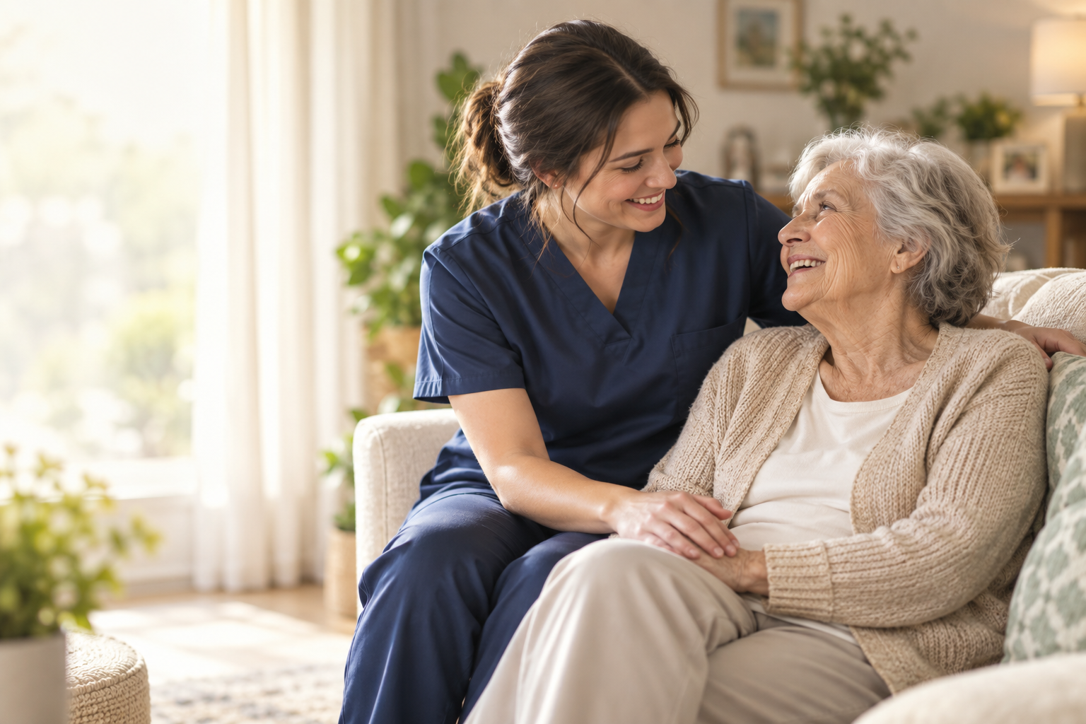Illustrative caregiver speaking with an older adult